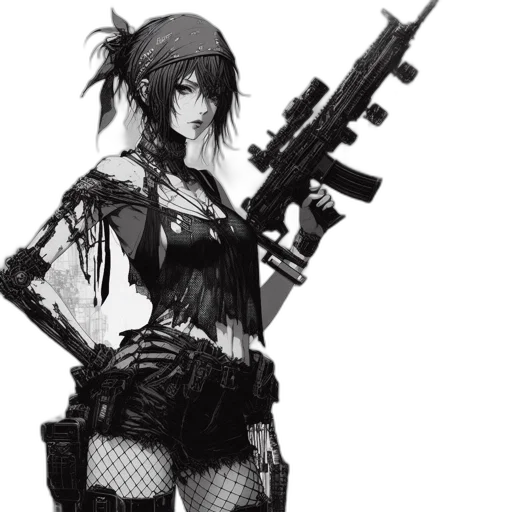 weapon, cyberpunk, concept art, pixel art, anime, woman, gothic, look transparent PNG cut-out