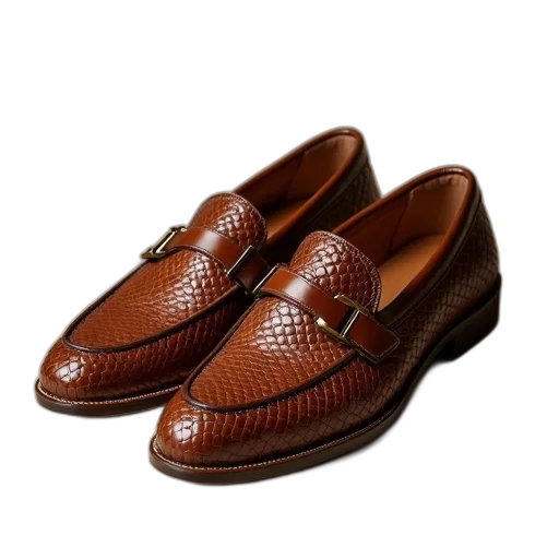 shoes, photorealistic, pair, brown, loafers, woven, pattern, gold transparent PNG cut-out