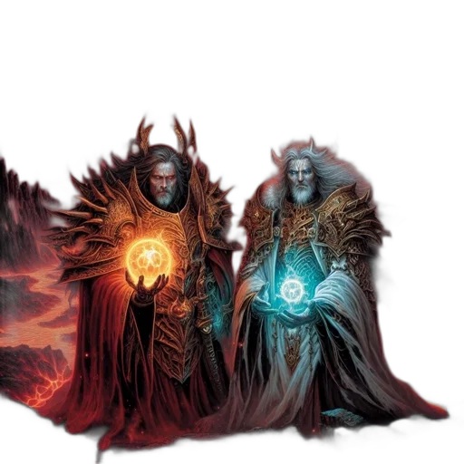 concept art, fantasy art, comic book art, fire, dark, two, contrasting, figures transparent PNG cut-out