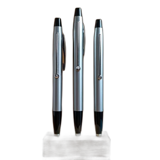 photorealistic, 3d render, collection, three, silver, metallic, pens, black transparent PNG cut-out