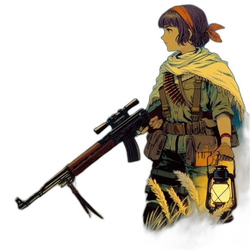 weapon, jacket, staff, concept art, pixel art, comic book art, fantasy art, golden transparent PNG cut-out