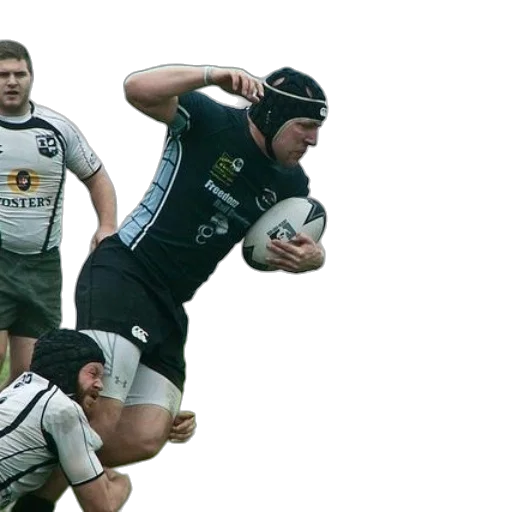 rugby, player, black, uniform, holding, ball, while, being transparent PNG cut-out
