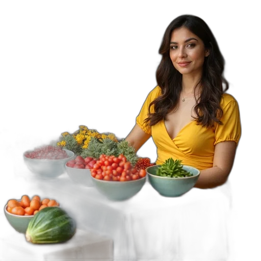 food, jewelry, photorealistic, woman, sitting, table, various, bowls transparent PNG cut-out