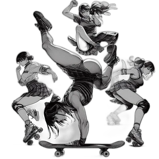 concept art, comic book art, cartoon, fantasy art, monochrome, skater, performs, tricks transparent PNG cut-out