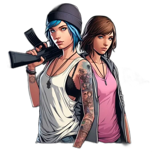 concept art, comic book art, pixel art, fantasy art, two, young, women, one transparent PNG cut-out