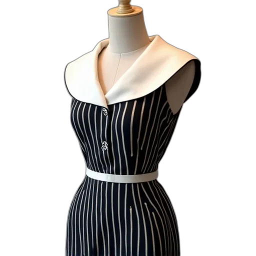 dress, monochrome, black, white, striped, collar, belt, displayed transparent PNG cut-out