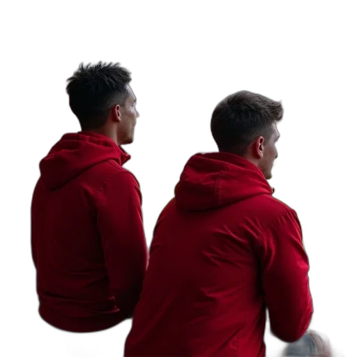 jacket, staff, 3d render, concept art, red, two, male, fans transparent PNG cut-out