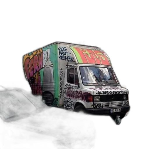 car, concept art, photorealistic, fantasy art, 3d render, fog, graffiti-covered, van transparent PNG cut-out