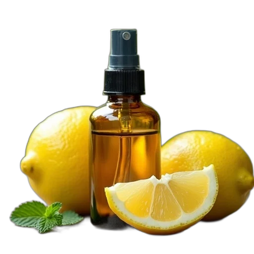 bottle, food, photorealistic, lemon, essential, oil, placed, wooden transparent PNG cut-out