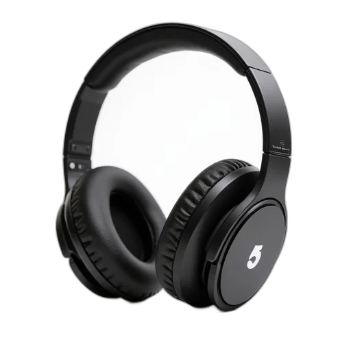 pair, black, wireless, headphones, silver, logo, earcup, displayed transparent PNG cut-out