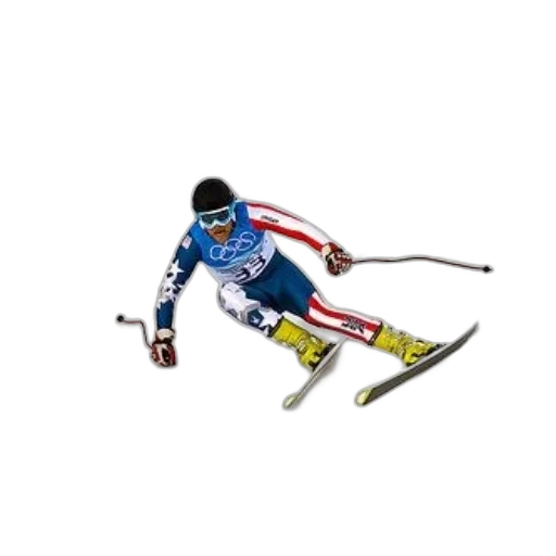 staff, cartoon, photorealistic, pixel art, skier, blue, white, uniform transparent PNG cut-out