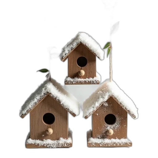 building, 3d render, photorealistic, snow, set, three, birdhouses, red transparent PNG cut-out