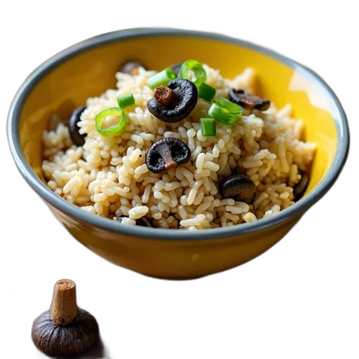 food, photorealistic, bowl, rice, various, mushrooms, green, onions transparent PNG cut-out