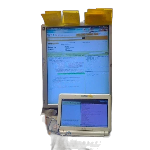 staff, cluttered, desk, laptop, computer, monitor, various, office transparent PNG cut-out