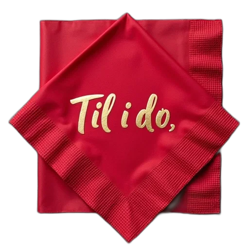 jacket, red, napkin, gold, foil, stamp, reads, til transparent PNG cut-out