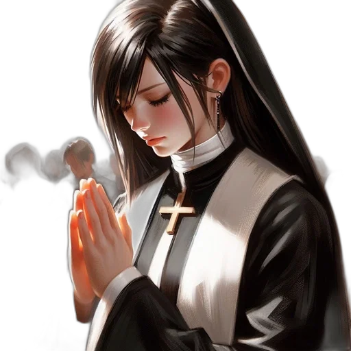 concept art, fantasy art, photorealistic, anime, monochrome, dark, woman, nun transparent PNG cut-out