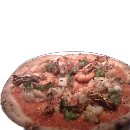 food, 3d render, pizza, seafood, toppings, sits, plate, foreground transparent PNG cut-out