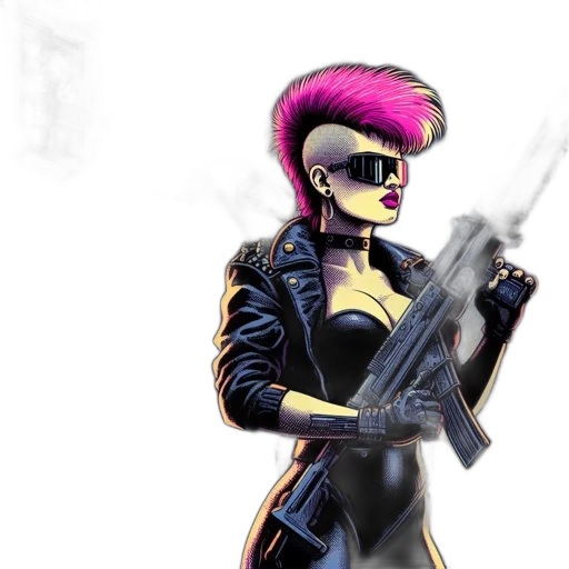 weapon, jacket, cyberpunk, concept art, comic book art, cartoon, neon, two transparent PNG cut-out