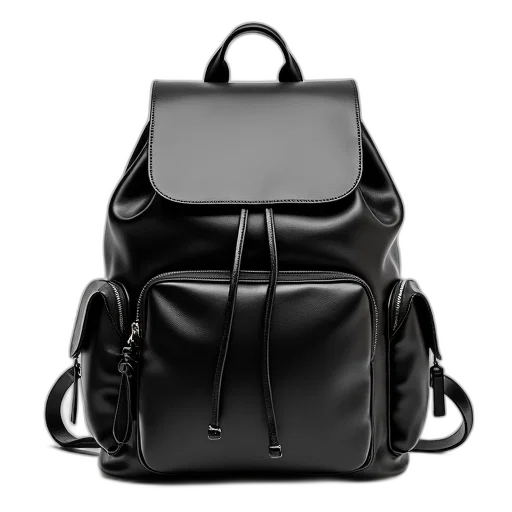 3d render, monochrome, black, leather, backpack, front, flap, pocket transparent PNG cut-out