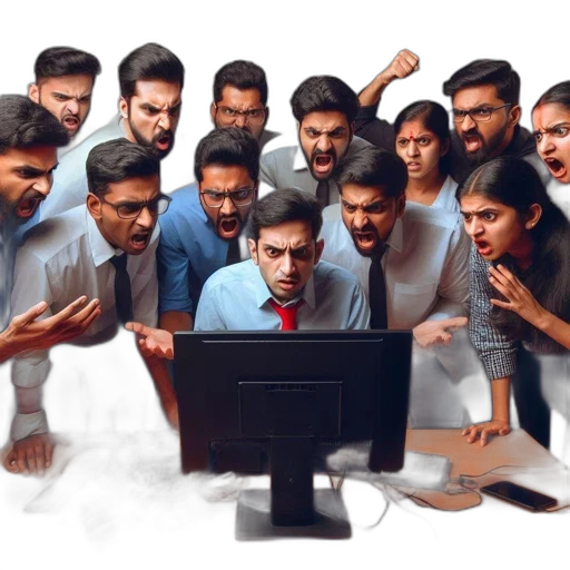 staff, office, workers, gather, around, desk, displaying, shocked transparent PNG cut-out
