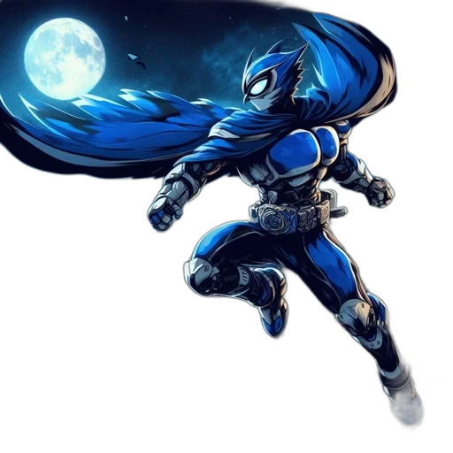comic book art, concept art, fantasy art, pixel art, blue, dark, flying, superhero transparent PNG cut-out