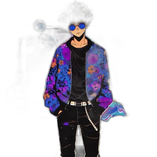 jacket, mask, staff, creature, vaporwave, concept art, cartoon, cyberpunk transparent PNG cut-out