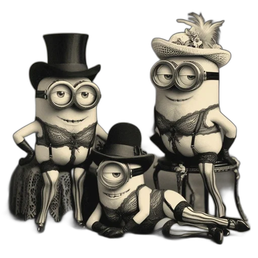 hat, concept art, cartoon, 3d render, three, minions, dressed, lingerie transparent PNG cut-out