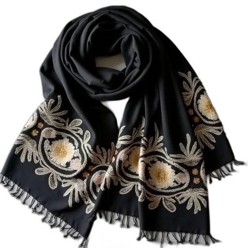 dark, black, shawl, detailed, floral, pattern, embroidered, featuring transparent PNG cut-out