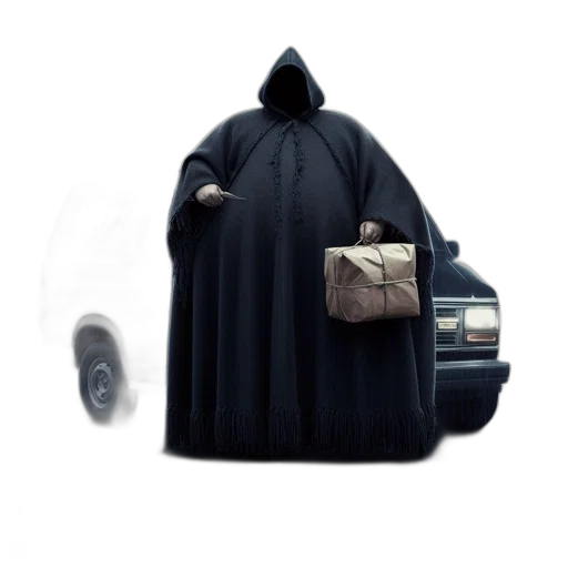 jacket, car, mask, hat, concept art, 3d render, fog, dark transparent PNG cut-out