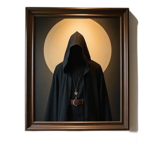 jacket, mask, staff, sword, concept art, dark, framed, painting transparent PNG cut-out