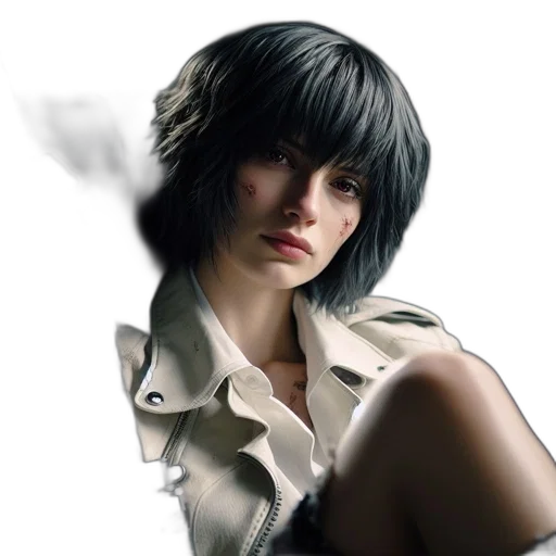 jacket, hair, face, photorealistic, concept art, cyberpunk, 3d render, dark transparent PNG cut-out