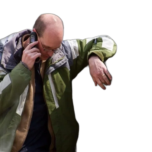 jacket, staff, weapon, man, green, talks, his, cell transparent PNG cut-out