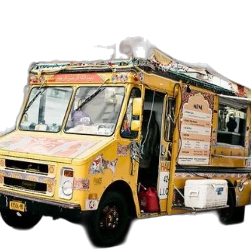 food, vibrant, yellow, truck, adorned, colorful, stickers, decorations transparent PNG cut-out