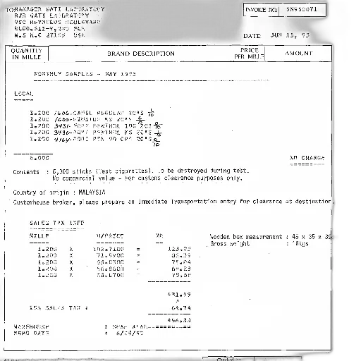 invoice, tohmanah, data, laboratory, dated, july, 1993, detailing transparent PNG cut-out