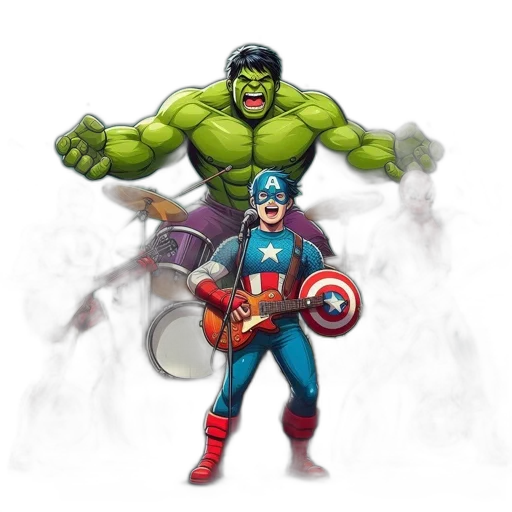comic book art, concept art, pixel art, 3d render, iconic, superheroes, perform, band transparent PNG cut-out