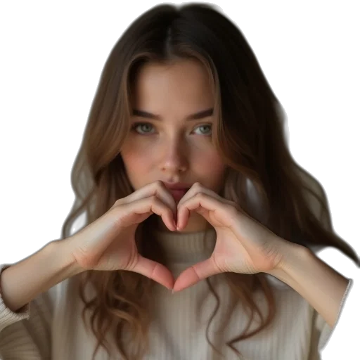 face, jewelry, photorealistic, girl, doing, heart, gesture, her transparent PNG cut-out