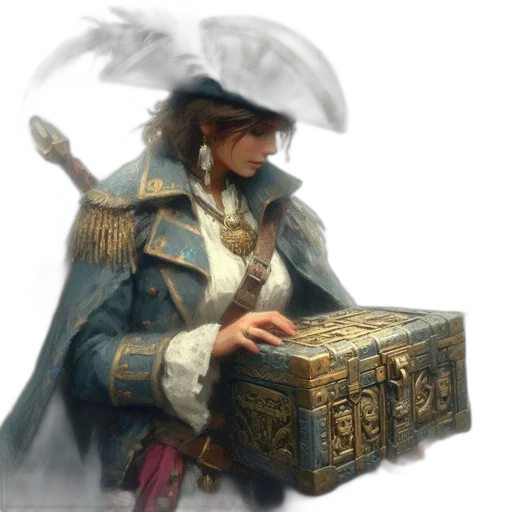 hat, jacket, weapon, sword, concept art, fantasy art, photorealistic, 3d render transparent PNG cut-out