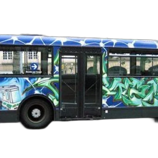 concept art, photorealistic, colorful, graffiti-covered, bus, blue, green, designs transparent PNG cut-out