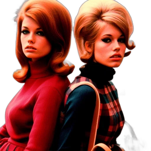 comic book art, photorealistic, concept art, red, earth tones, two, women, 1960s transparent PNG cut-out