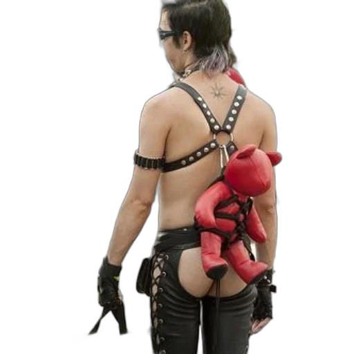 weapon, cyberpunk, 3d render, person, leather, attire, red, teddy transparent PNG cut-out
