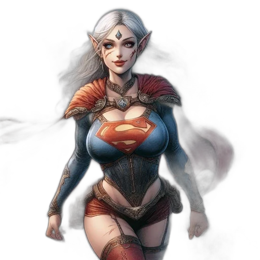 comic book art, fantasy art, concept art, pixel art, elf-like, woman, superman-like, suit transparent PNG cut-out