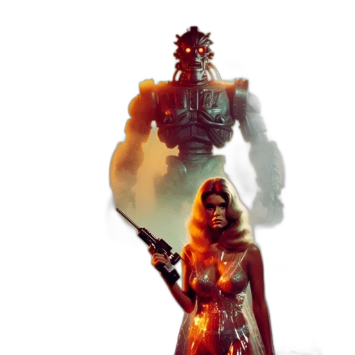 robot, weapon, concept art, fantasy art, cyberpunk, comic book art, fire, red transparent PNG cut-out