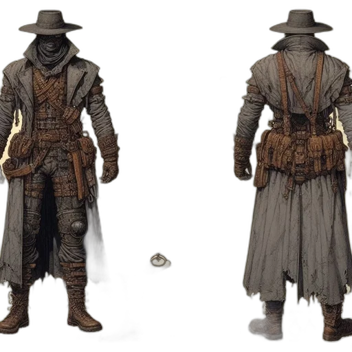 jacket, hat, mask, weapon, concept art, fantasy art, 3d render, dark transparent PNG cut-out