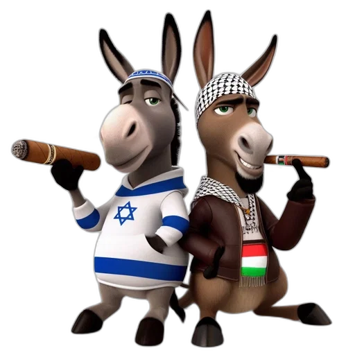 cartoon, two, anthropomorphic, donkeys, dressed, various, outfits, hold transparent PNG cut-out