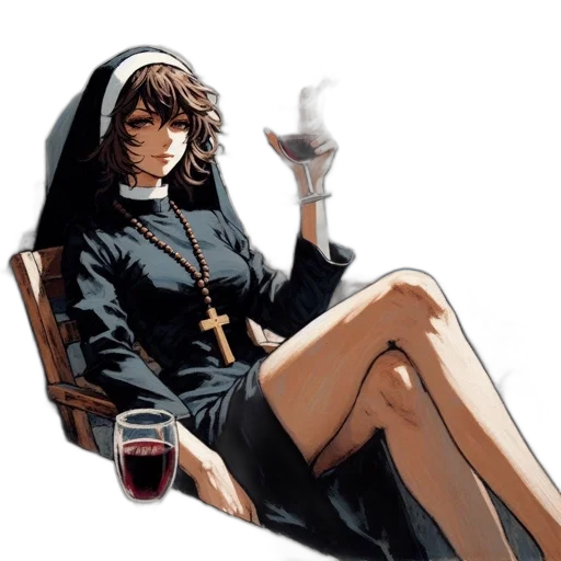 dress, concept art, comic book art, anime, pixel art, nun, sits, sea-view transparent PNG cut-out