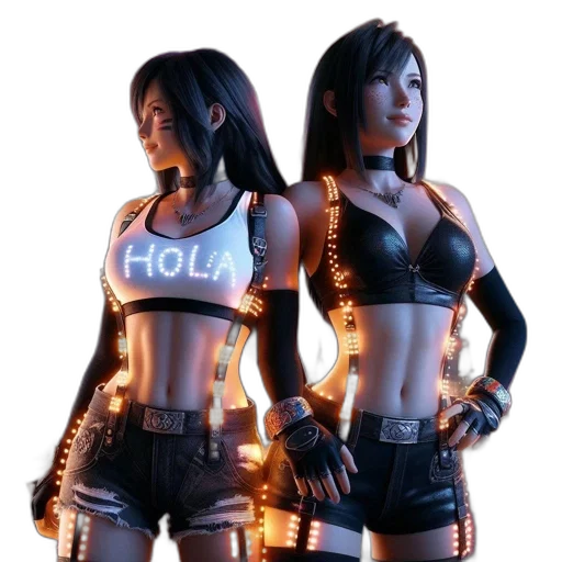 concept art, 3d render, cyberpunk, fantasy art, neon lights, two, cyberpunk-themed, females transparent PNG cut-out