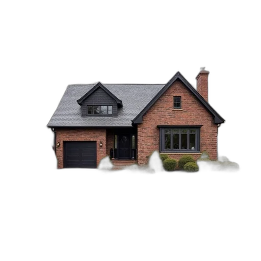 building, 3d render, photorealistic, dark, small, brick, ranch, two transparent PNG cut-out