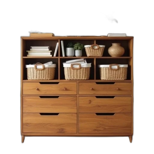 furniture, 3d render, earth tones, wooden, dresser, multiple, drawers, top transparent PNG cut-out