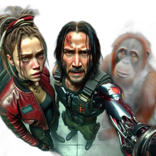 concept art, comic book art, photorealistic, cyberpunk, three, individuals, woman, dreadlocks transparent PNG cut-out