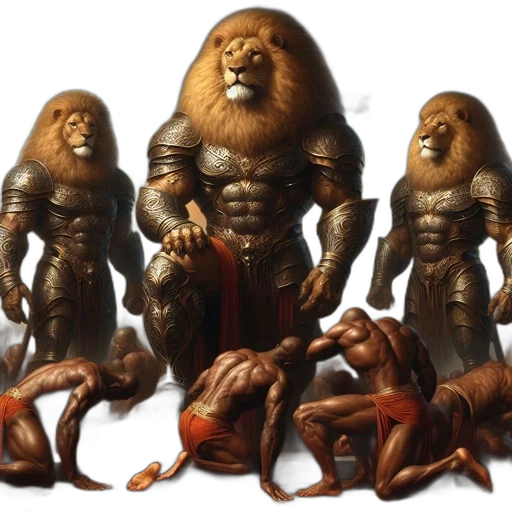 creature, concept art, fantasy art, 3d render, three, lion-headed, humanoid, figures transparent PNG cut-out